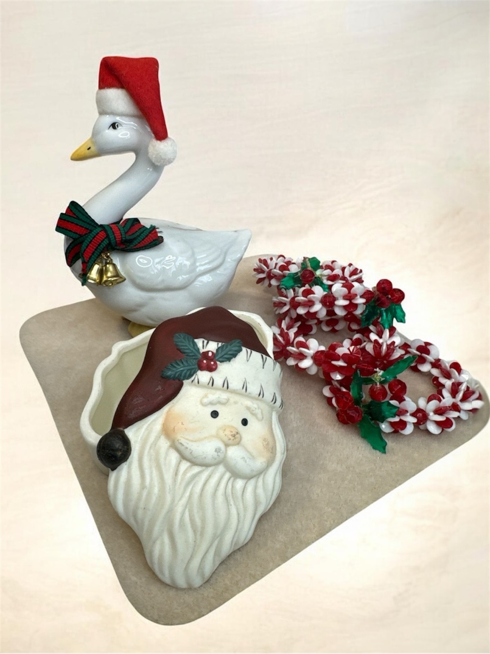 Holiday Ceramic Goose and Santa Trinket and 4 Beaded Napkin Rings